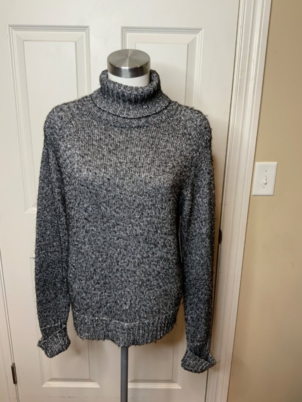 Anthropologie Silver Metallic Knit Wool Blend Turtleneck Sweater, Size M